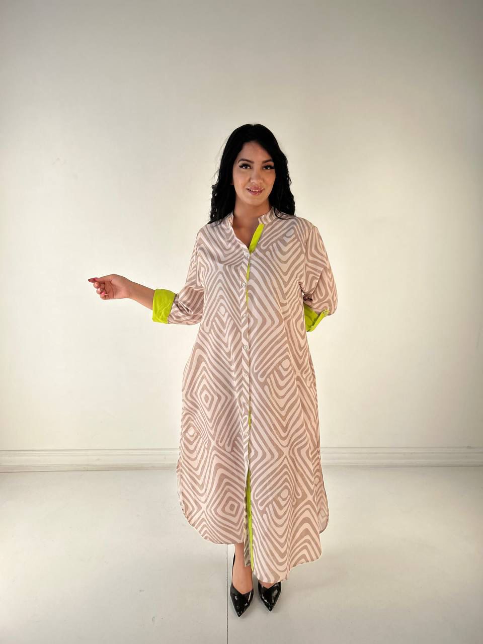 abstract maxi dress with neon collar & cuffs