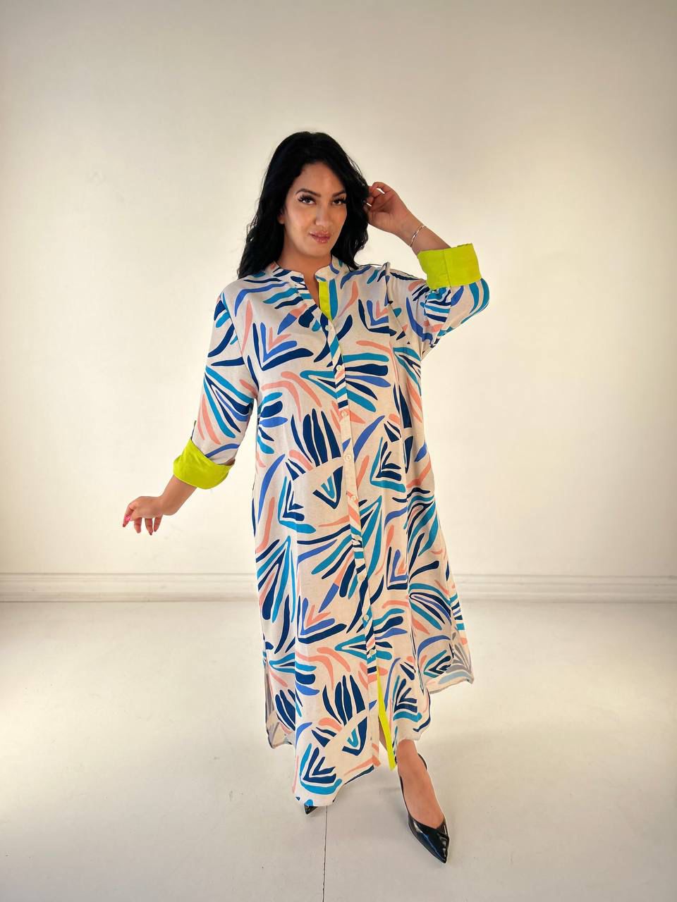 abstract maxi dress with neon collar & cuffs