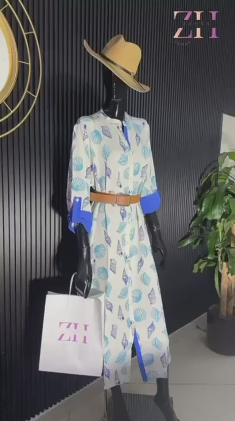 abstract maxi dress with neon collar & cuffs