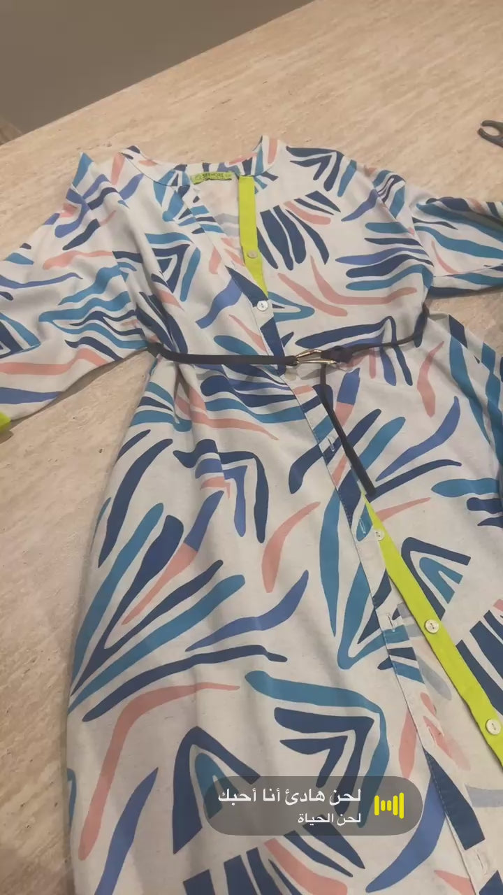 abstract maxi dress with neon collar & cuffs